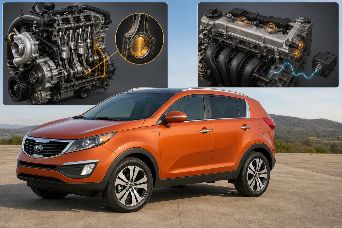 2012 Kia Sportage beside separate turbo-bearing and 2.4-liter engine evidence paths