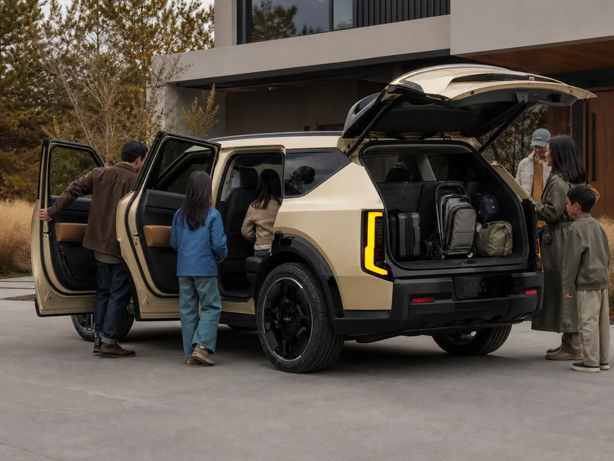 Seven-person family testing seats and luggage in a 2027 Kia Telluride