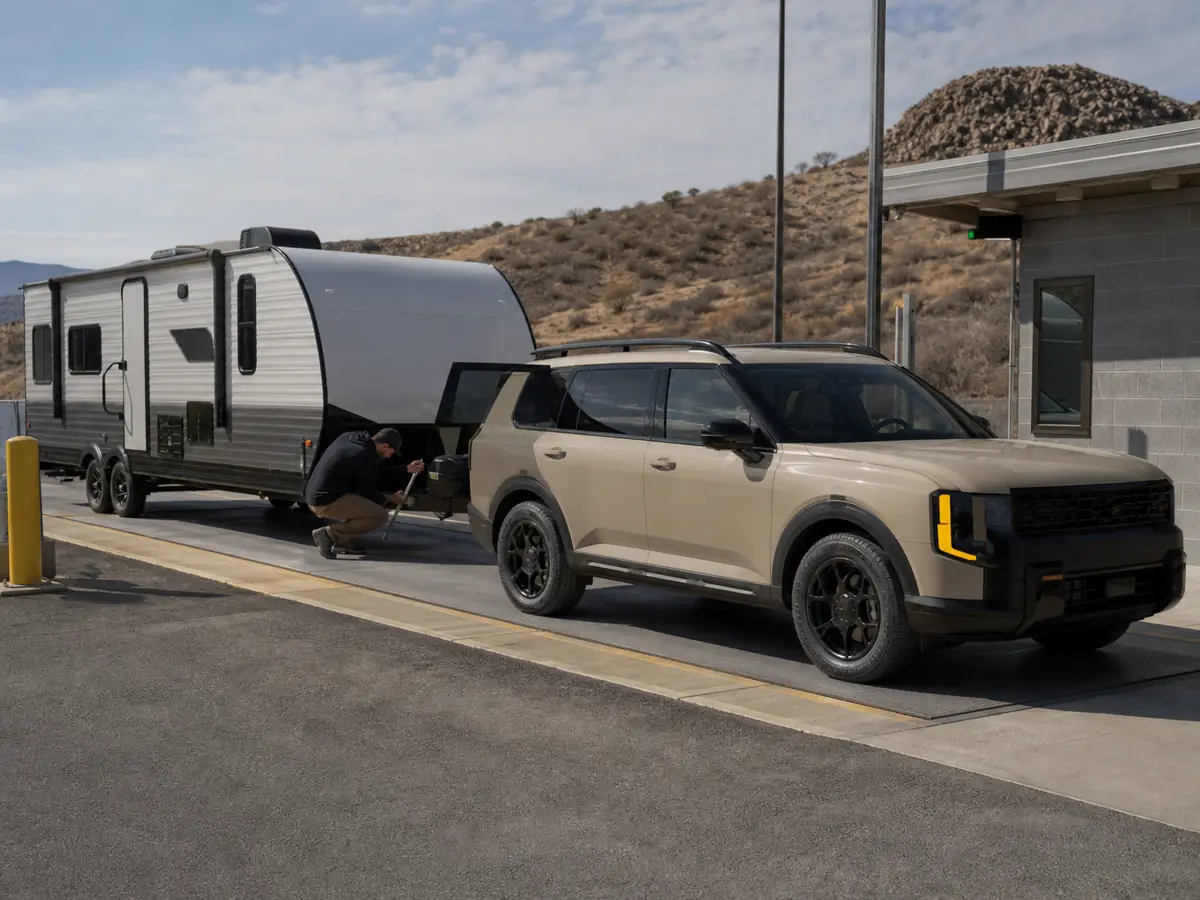 Kia Telluride and family travel trailer positioned at a certified vehicle scale