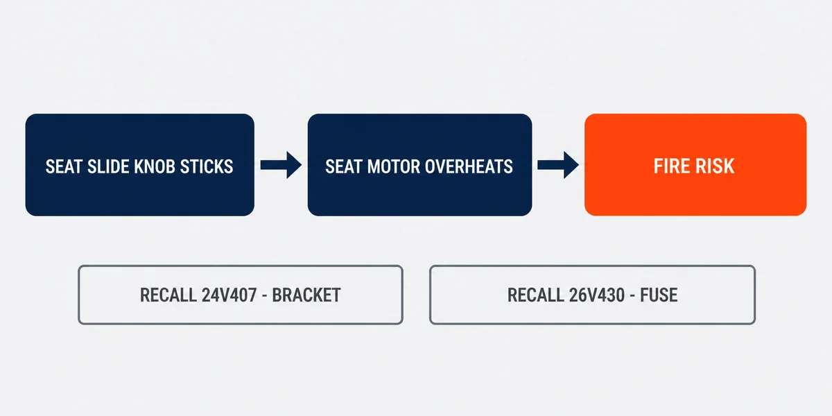 Diagram of the Kia Telluride seat fire chain with recalls 24V407 and 26V430 and their remedies