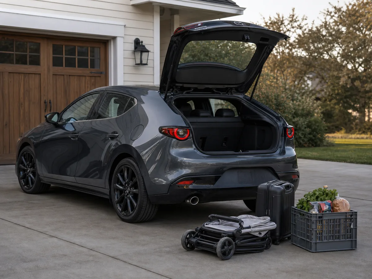 2026 Mazda3 hatchback with a stroller, suitcase, and grocery crate beside the open liftgate - Mazda3