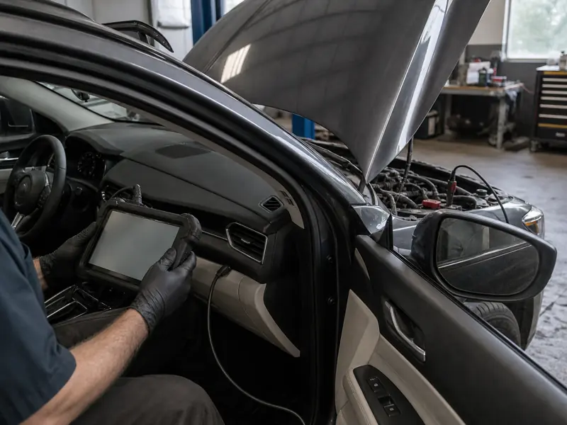 Technician scanning a used crossover for engine and powertrain faults - Mazda CX-5
