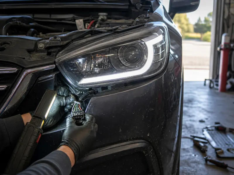 Technician inspecting an LED daytime running light on a used crossover - Mazda CX-5