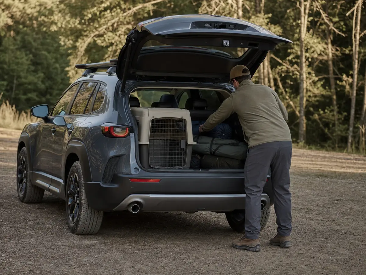 Tall dog crate and long outdoor gear beside a Mazda CX-50 hatch