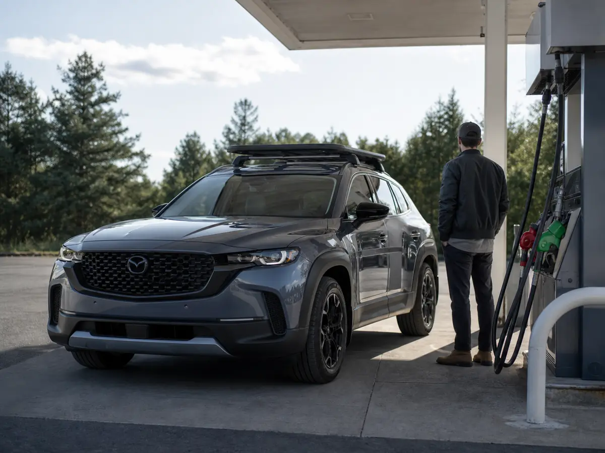 Mazda CX-50 Turbo at a fuel station before a highway test