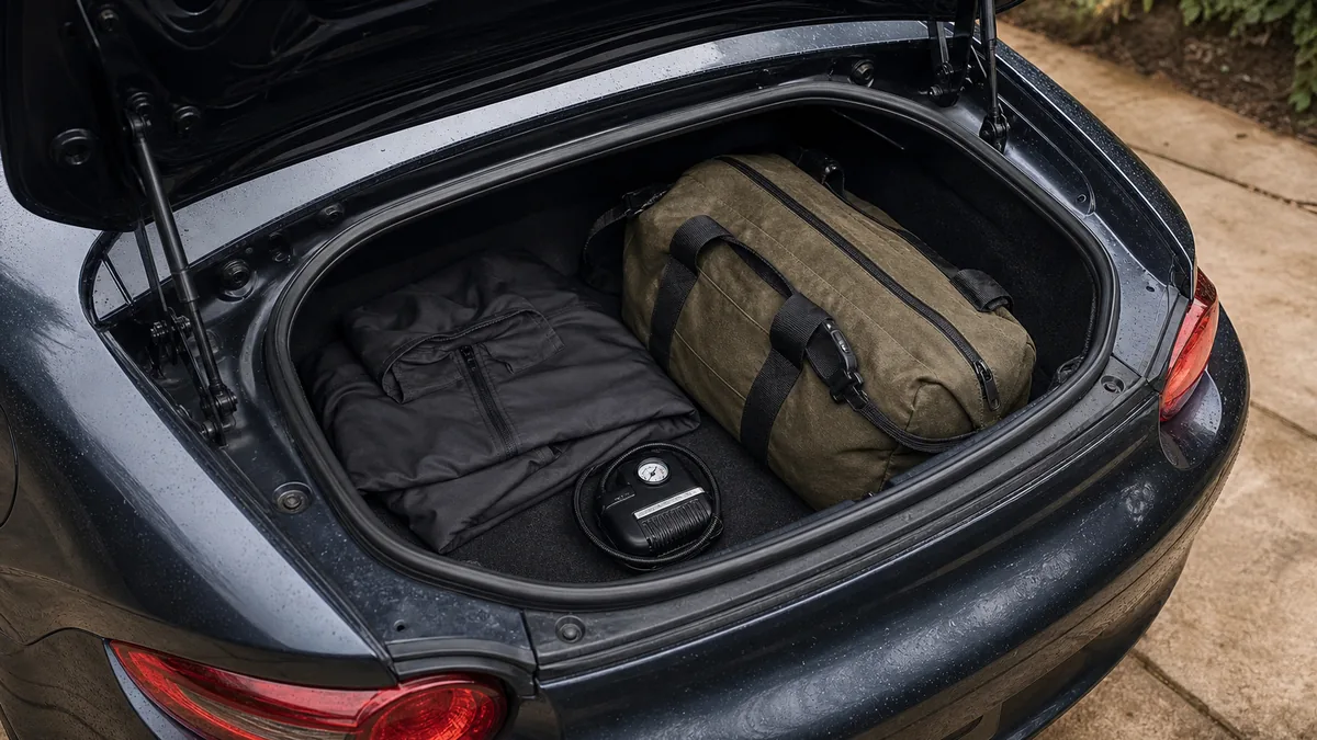 Small roadster trunk packed with an overnight bag