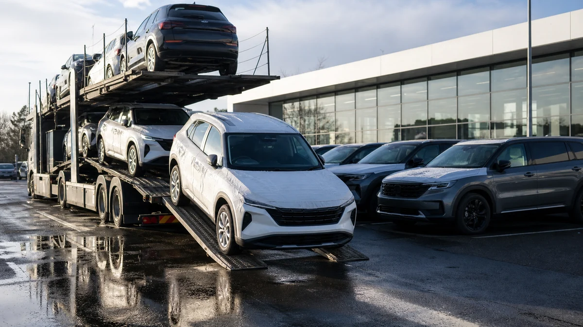 A car transporter unloading new crossovers still wearing white transit film onto a wet dealership forecourt - model year changeover
