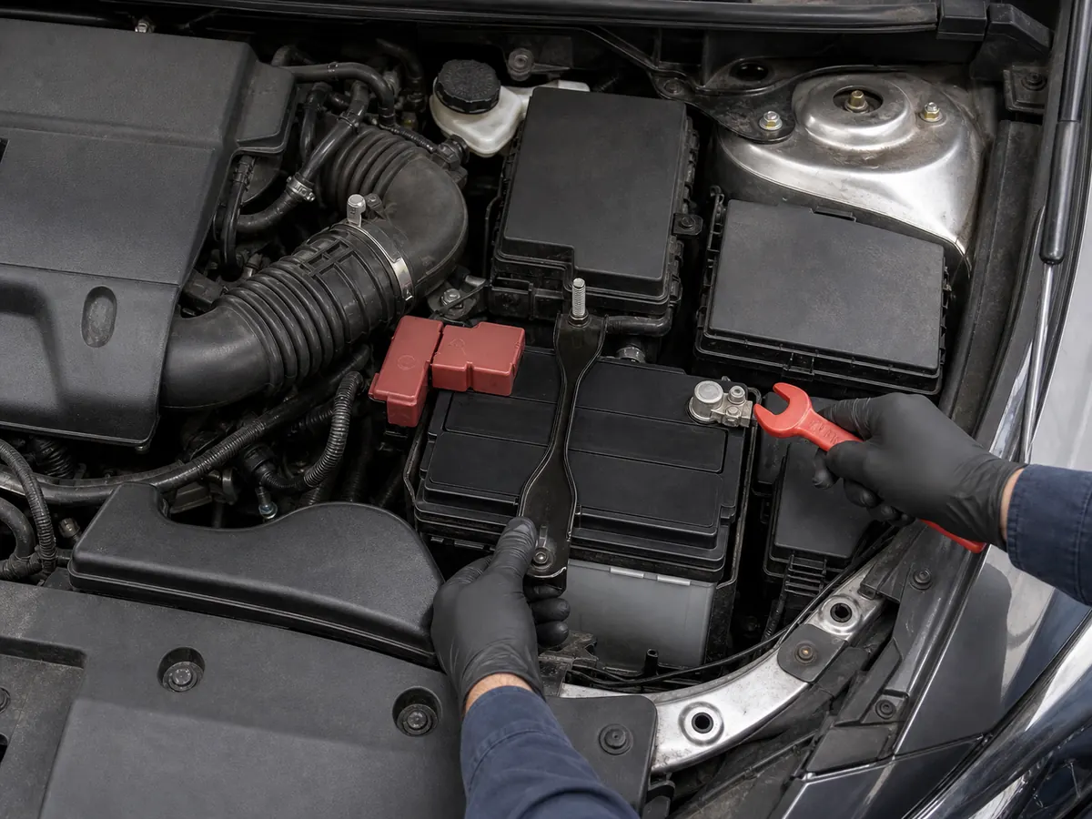 Battery terminal side and hold-down alignment being checked in an engine bay - Nissan Altima battery fit