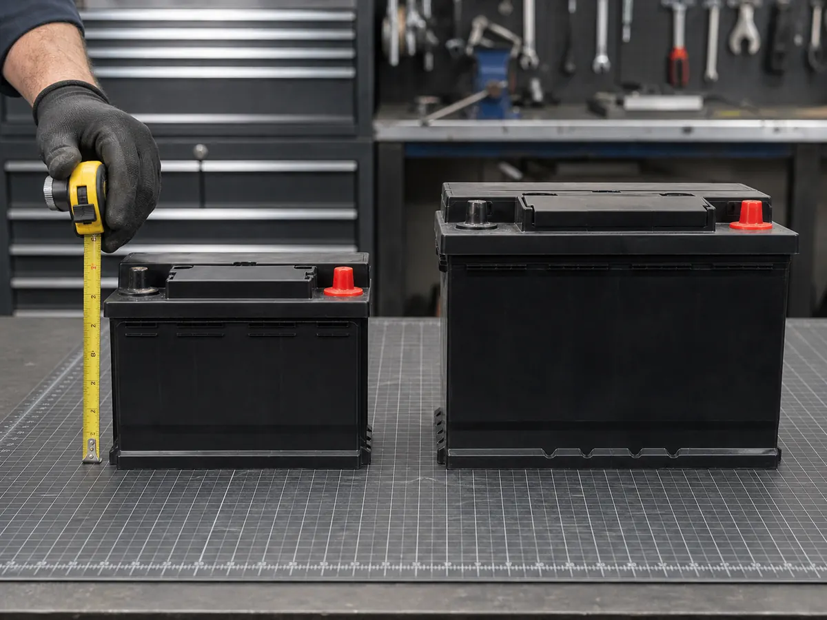 H5 and Group 35 battery cases compared on a measuring bench - Nissan Altima battery size