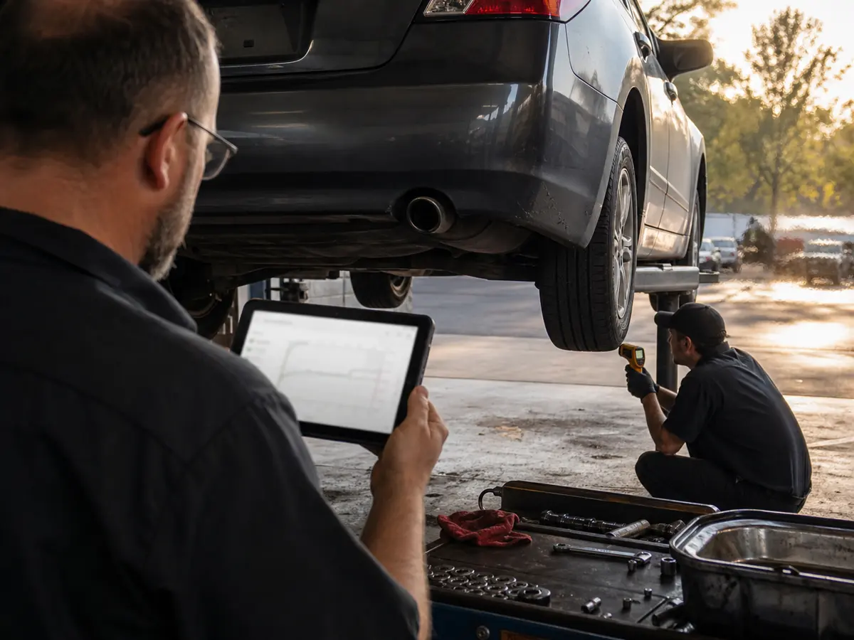 Technicians checking CVT temperature and scan data after a road test - Nissan Altima