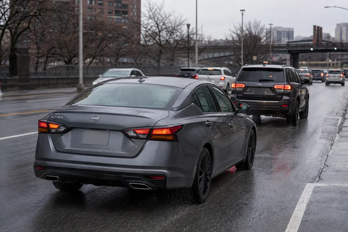 Nissan Altima moving through ordinary morning traffic after light rain