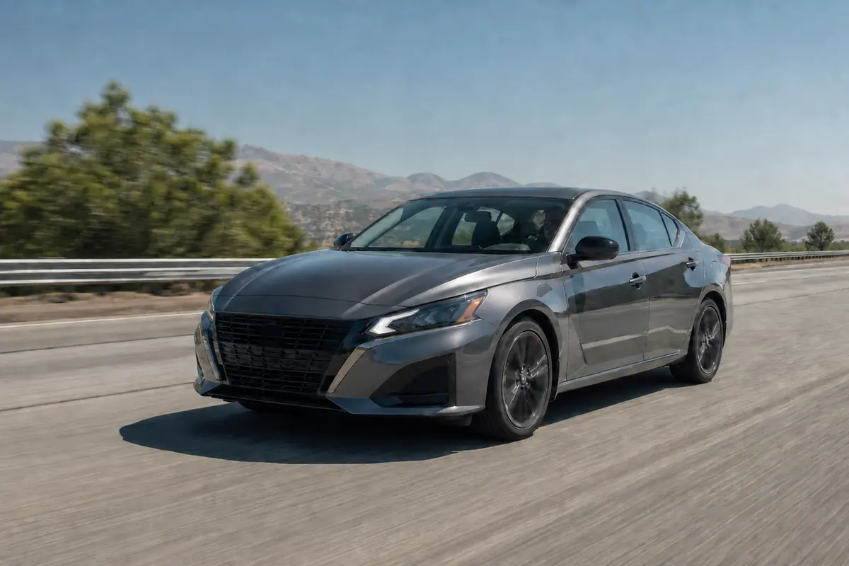 Nissan Altima cruising on an open interstate during a hot afternoon
