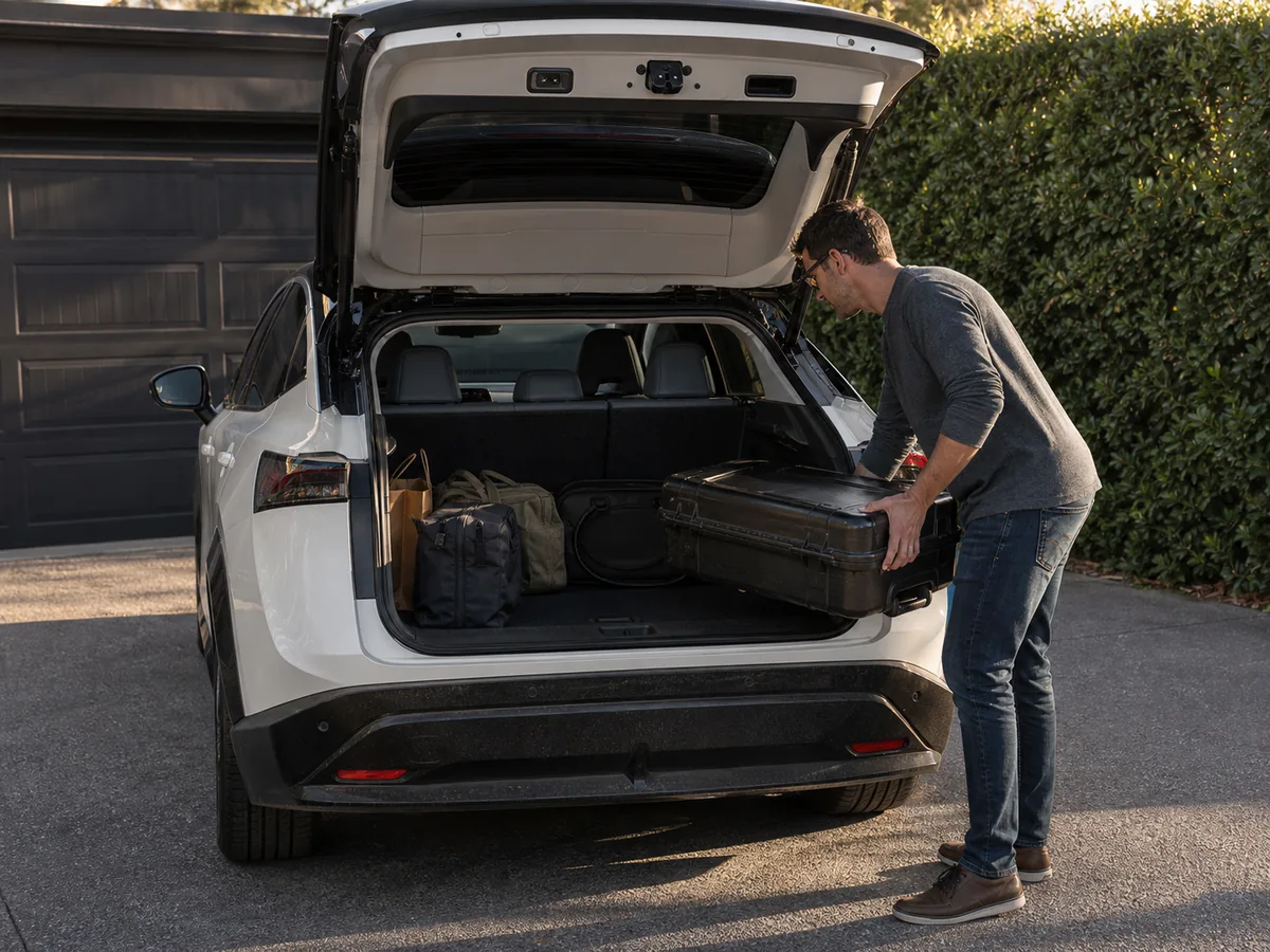 Person lifting a heavy case over the load lip into a Nissan Ariya cargo area with the second row upright and a charging cable bag already inside - Nissan Ariya