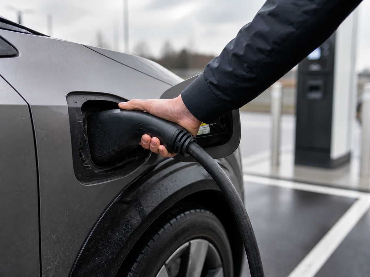 Nissan Ariya front-fender charge port with a CCS DC fast-charging connector seated in it at a public charging bay - Nissan Ariya
