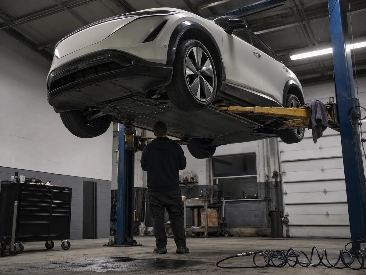 Nissan Ariya raised on a two-post workshop lift with the flat underfloor battery pack visible and a technician beside the front wheel - Nissan Ariya