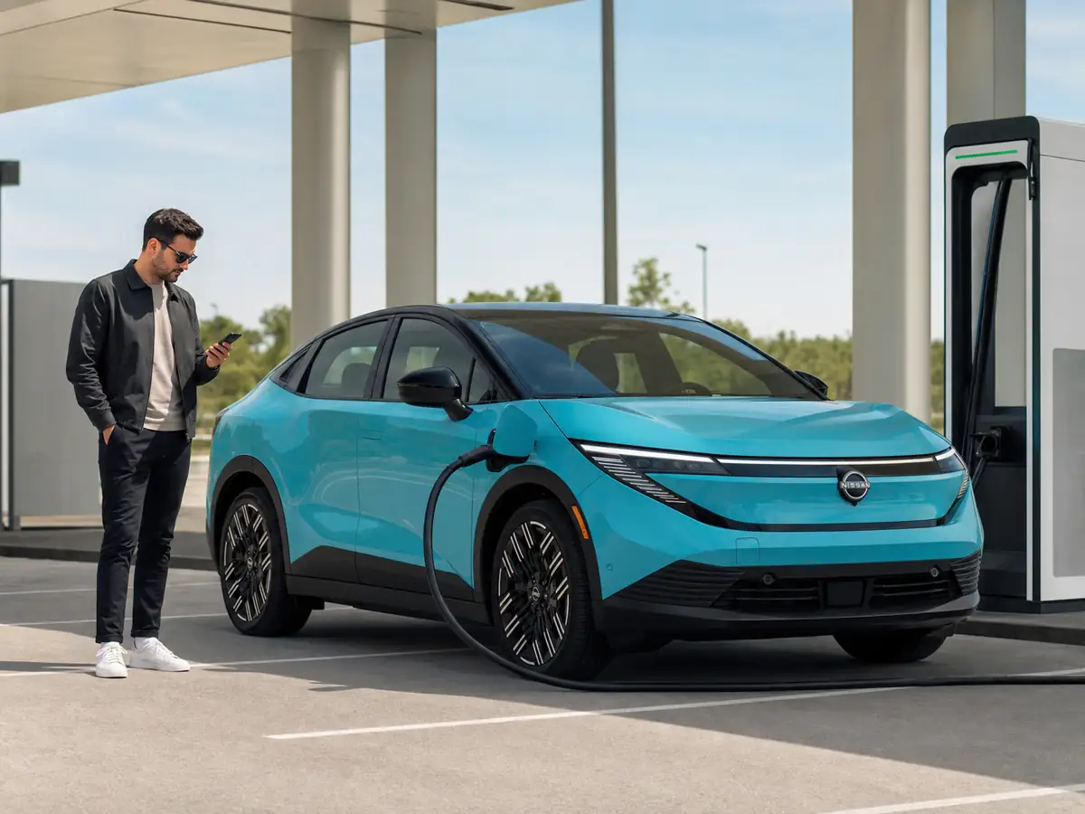 2026 Nissan Leaf at a NACS fast charger while a driver checks the route plan - Nissan Leaf