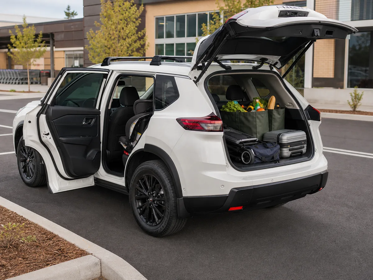 Nissan Rogue with rear door and liftgate open, showing a child seat and normal family cargo