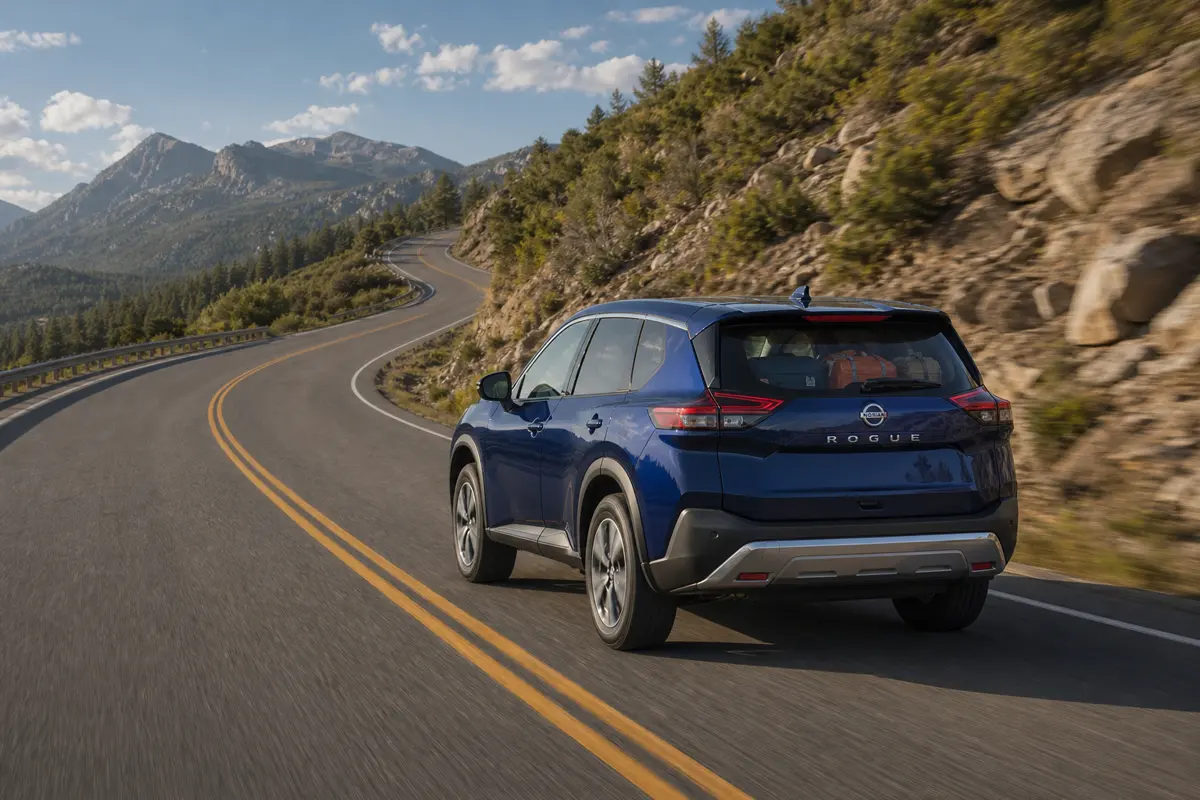 Nissan Rogue climbing a highway grade with luggage