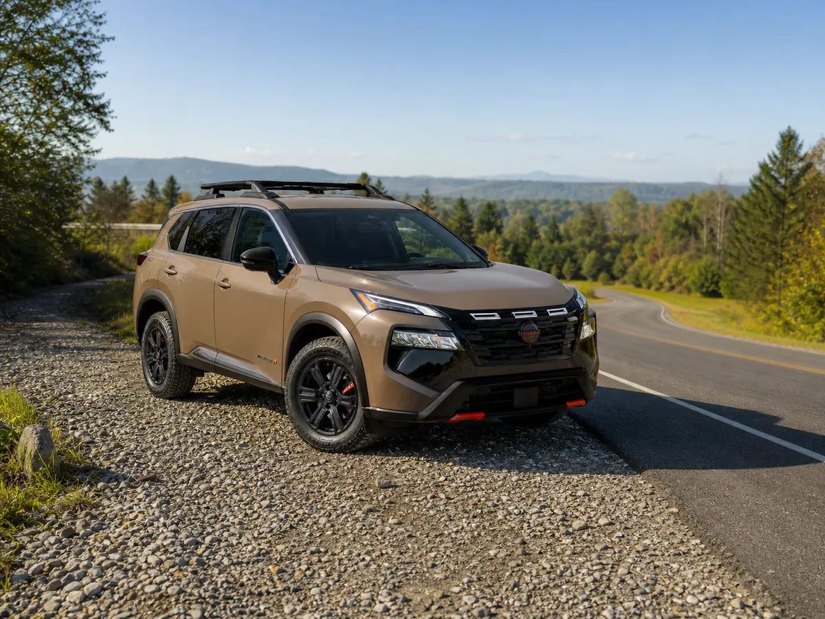 Nissan Rogue Rock Creek on a maintained gravel road with all-terrain tires visible