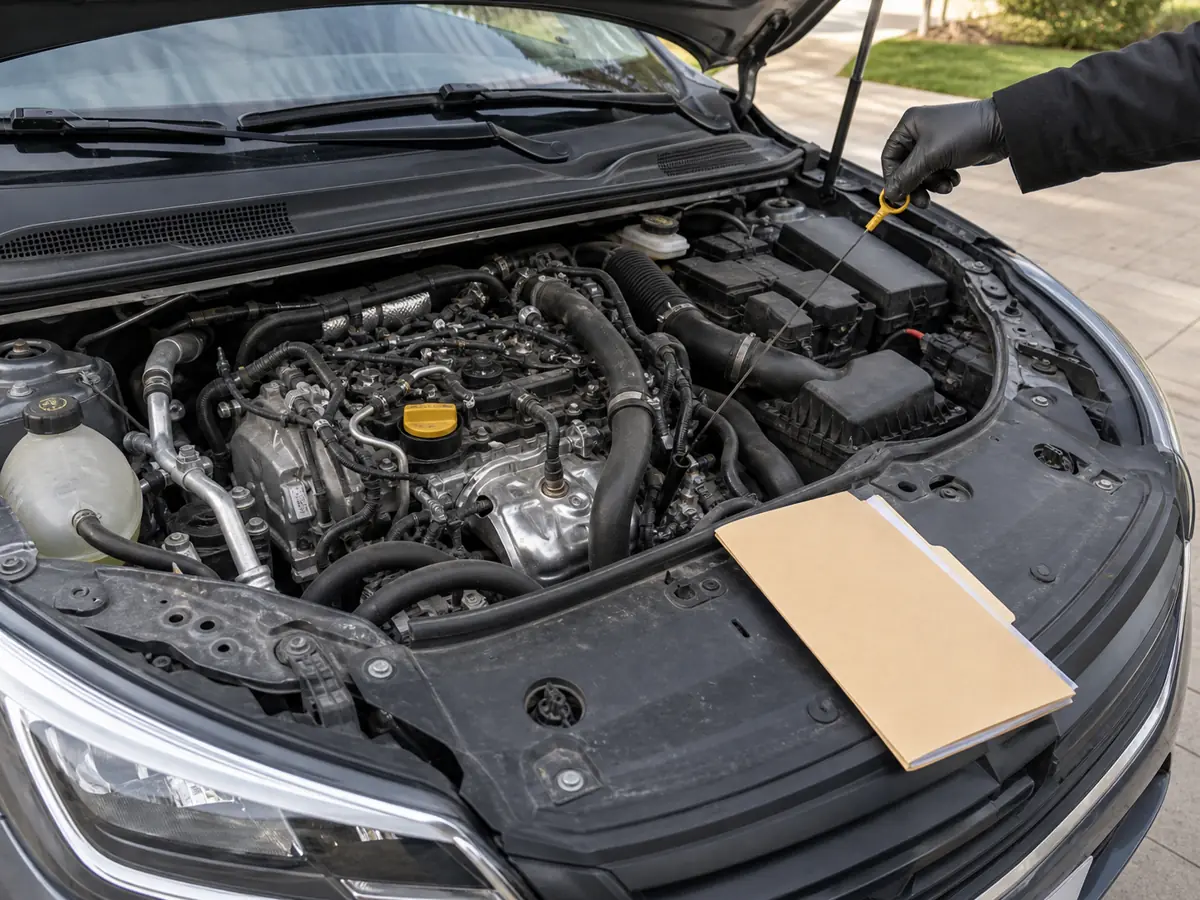 Engine oil level checked on a compact crossover in a driveway - Nissan Rogue