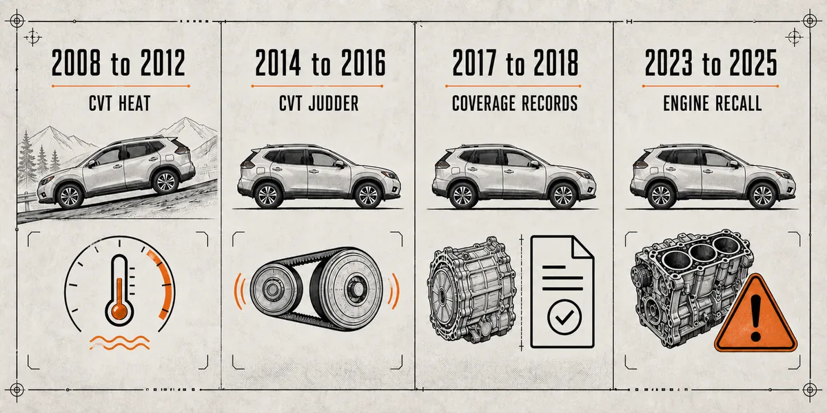 Nissan Rogue year groups mapped to CVT heat, CVT judder, warranty evidence, and engine recall concerns - Nissan Rogue