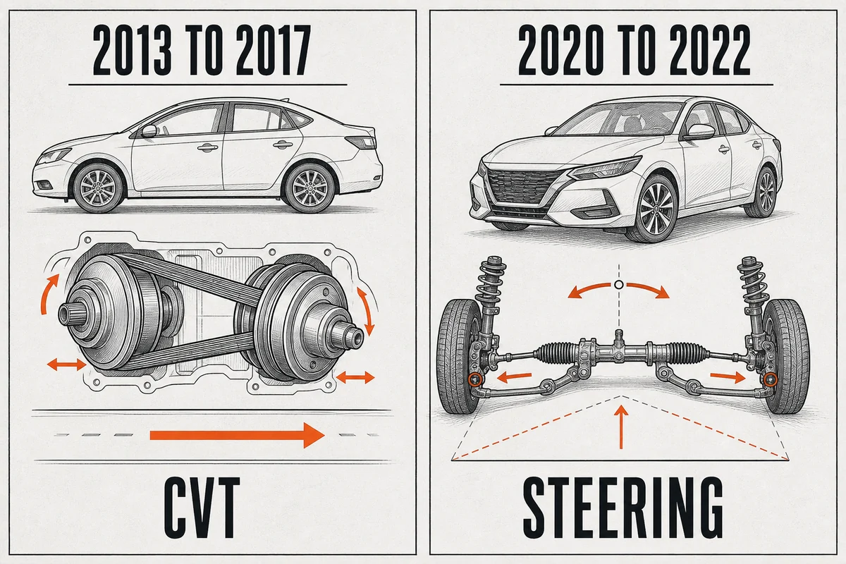 Diagram comparing a 2013 to 2017 Sentra CVT check with a 2020 to 2022 steering check - Nissan Sentra