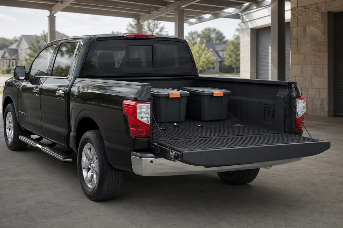 2024 Nissan Titan Crew Cab bed with tailgate open and two secured storage bins