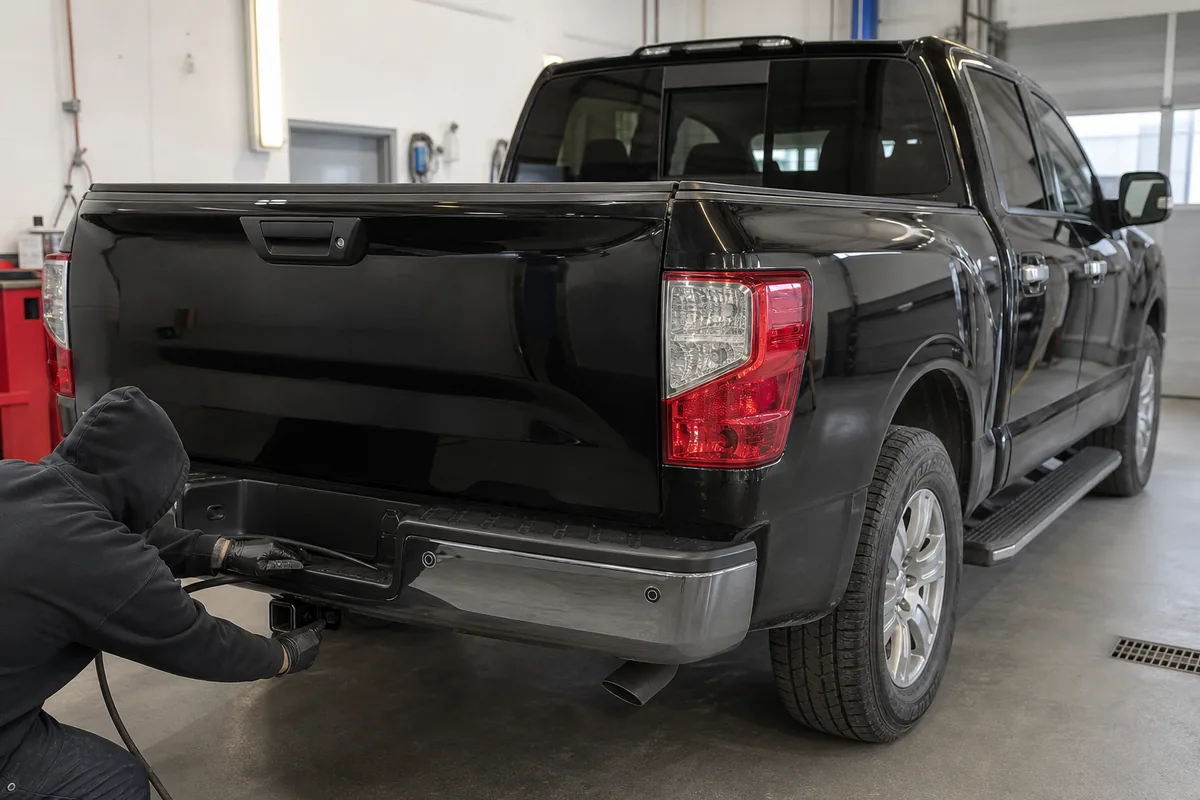 Used 2024 Nissan Titan at an inspection bay with receiver, trailer wiring, rear tire, and bed visible