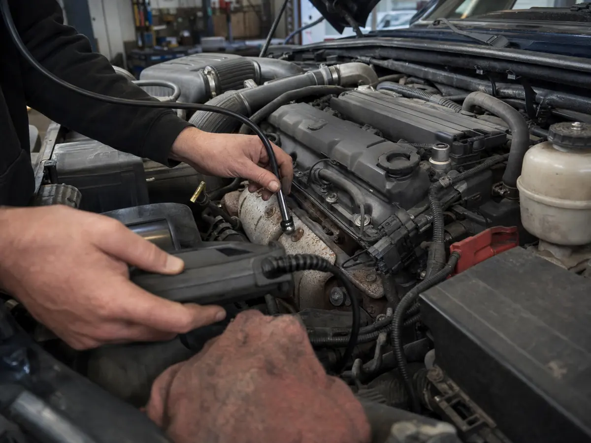 Mechanic tracing a V8 truck engine tick with a stethoscope and scan tool - Ram 1500