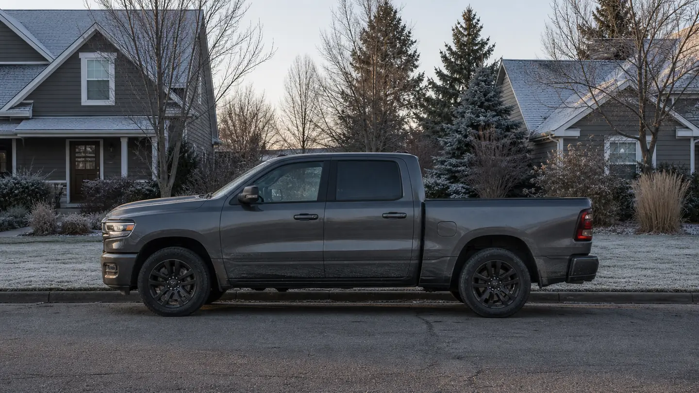 Ram 1500 parked in full side view on a cold morning