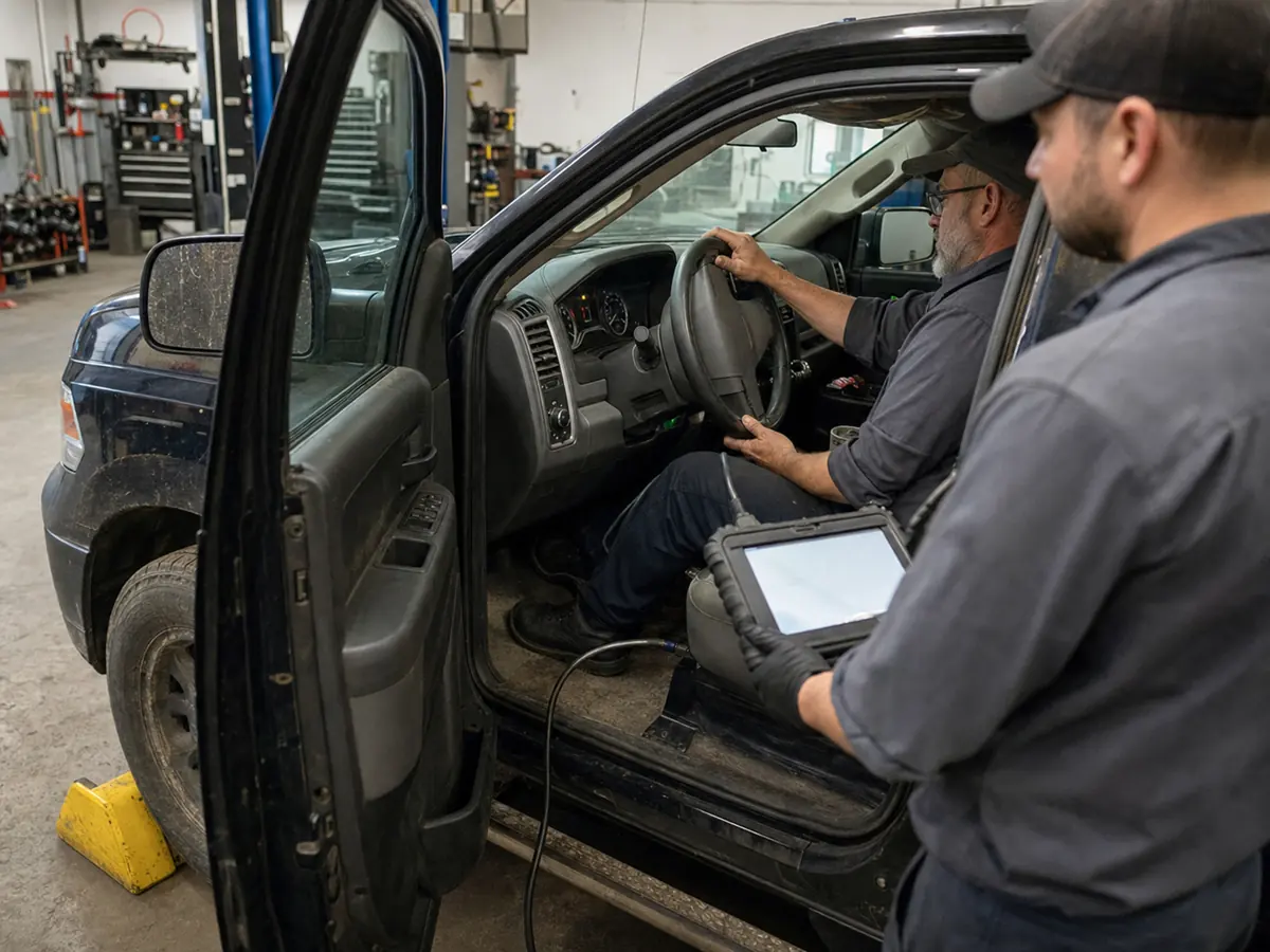 Technician checking pickup steering assistance, Park hold, and stored module codes - Ram 1500