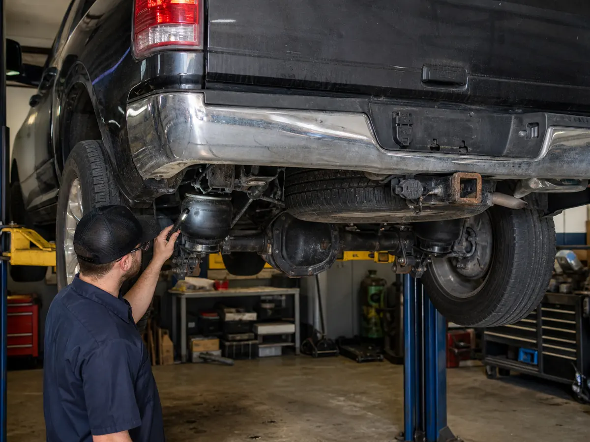 Technician inspecting pickup air springs, rear axle, hitch, and tailgate latches on a lift - Ram 1500