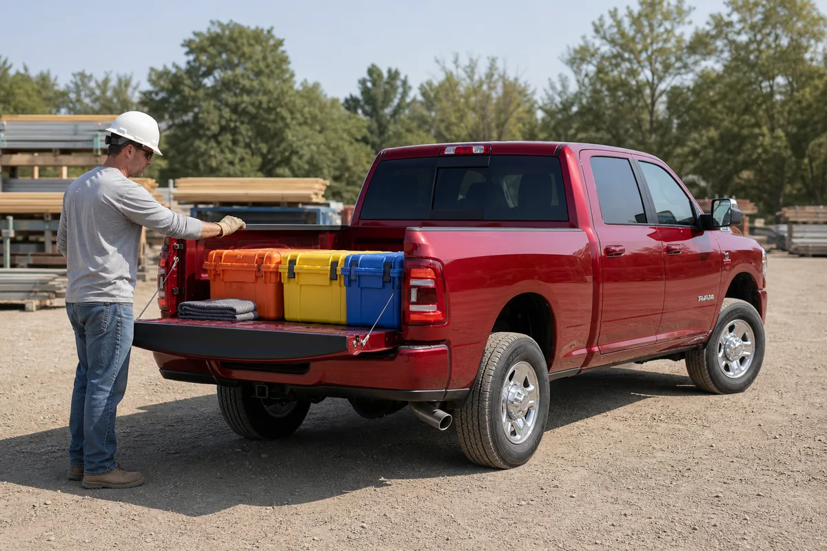 2027 Ram 2500 Crew Cab with three secured work cases in its open factory bed
