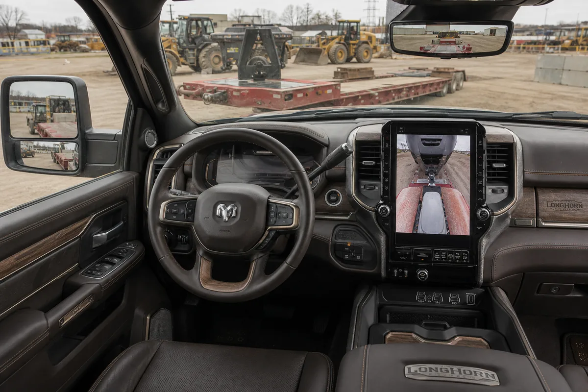 2027 Ram 3500 DRW driver view of tow mirrors, trailer camera and physical controls