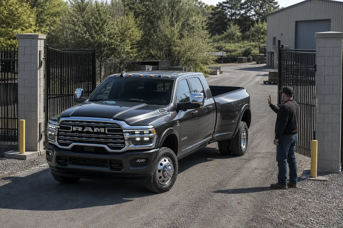 2027 Ram 3500 DRW approaching an industrial gate while a spotter checks rear clearance