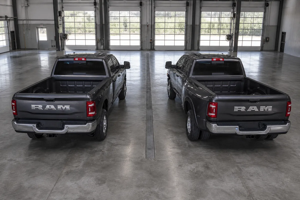 Matching 2027 Ram 3500 SRW and DRW factory-bed pickups viewed from the rear