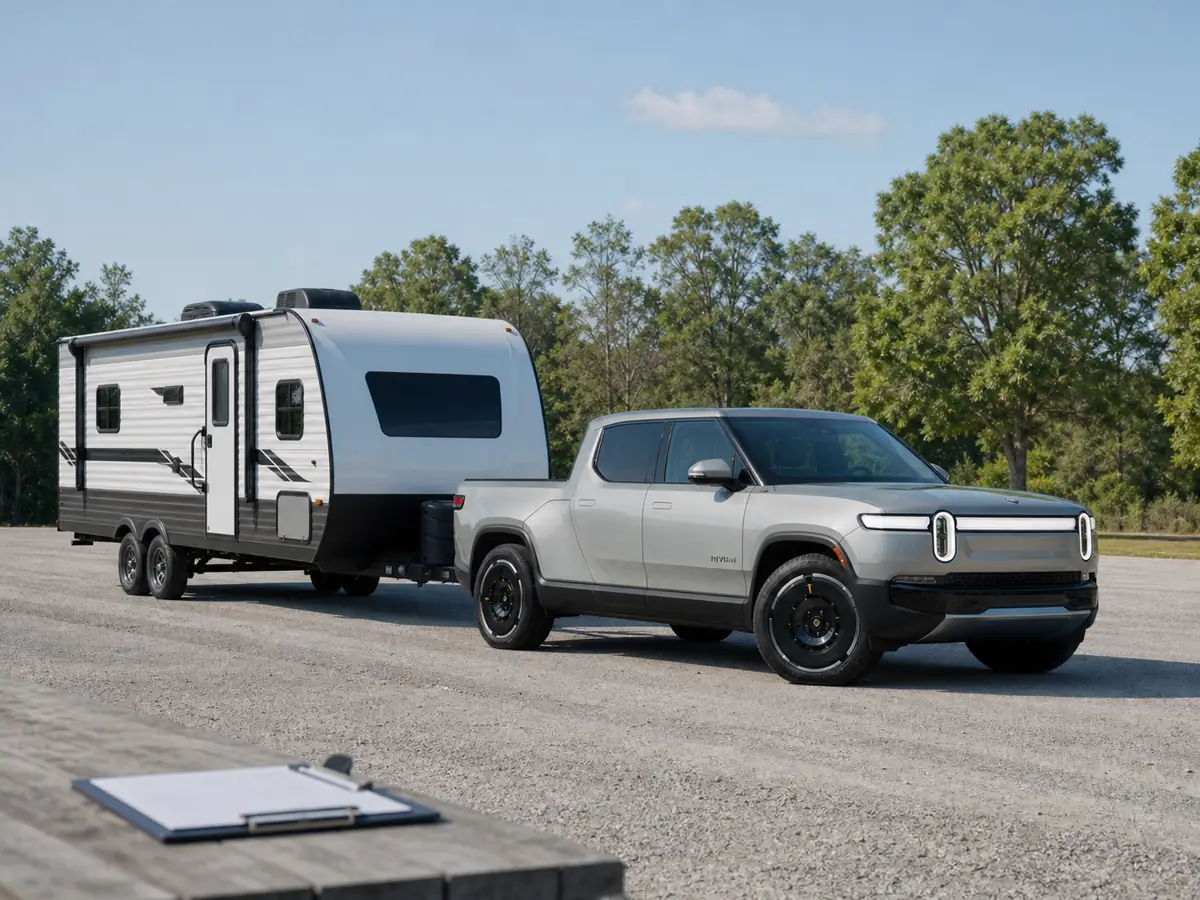 Rivian R1T at a scale with travel trailer and door payload label visible - Rivian R1T
