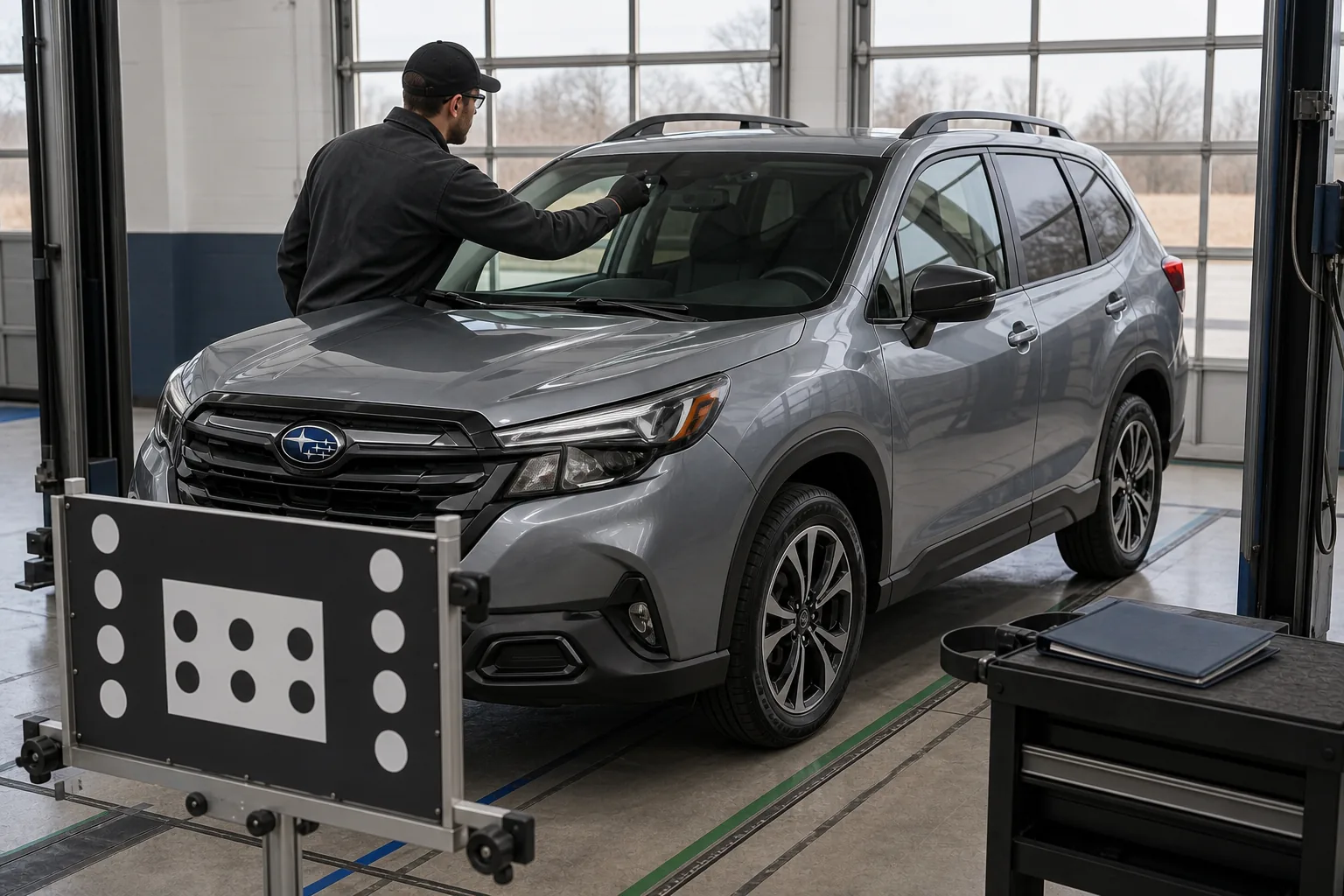 Current-generation Subaru Forester windshield camera area being checked in a calibration bay
