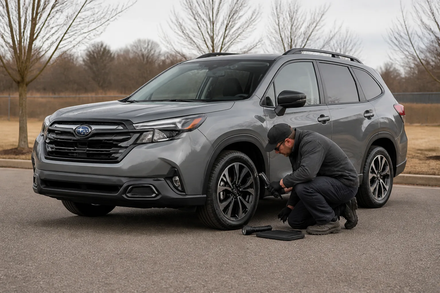 Used Subaru Forester during a pre-purchase tire and suspension inspection