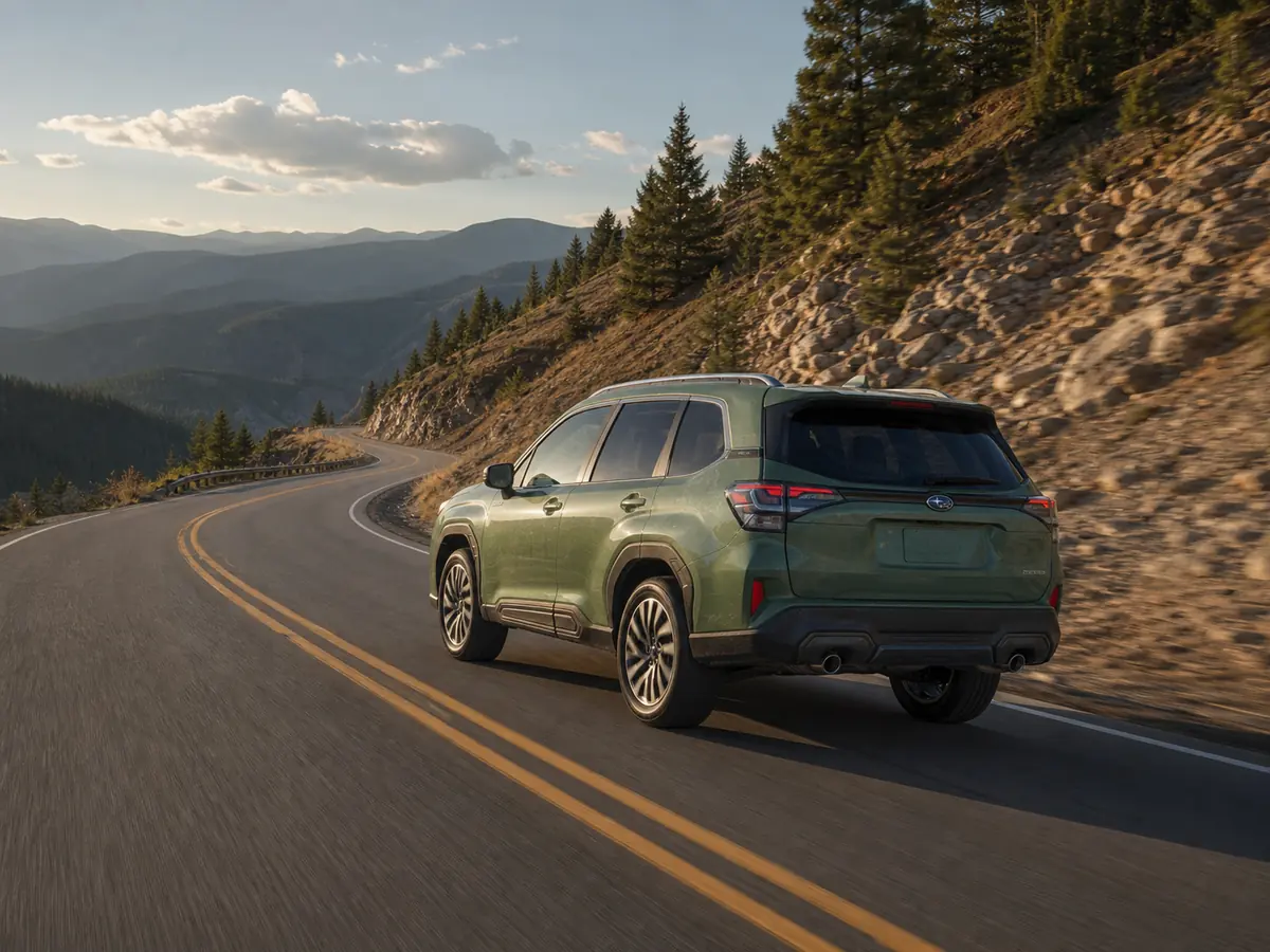 Green Subaru Forester climbing a long mountain grade in clear afternoon light