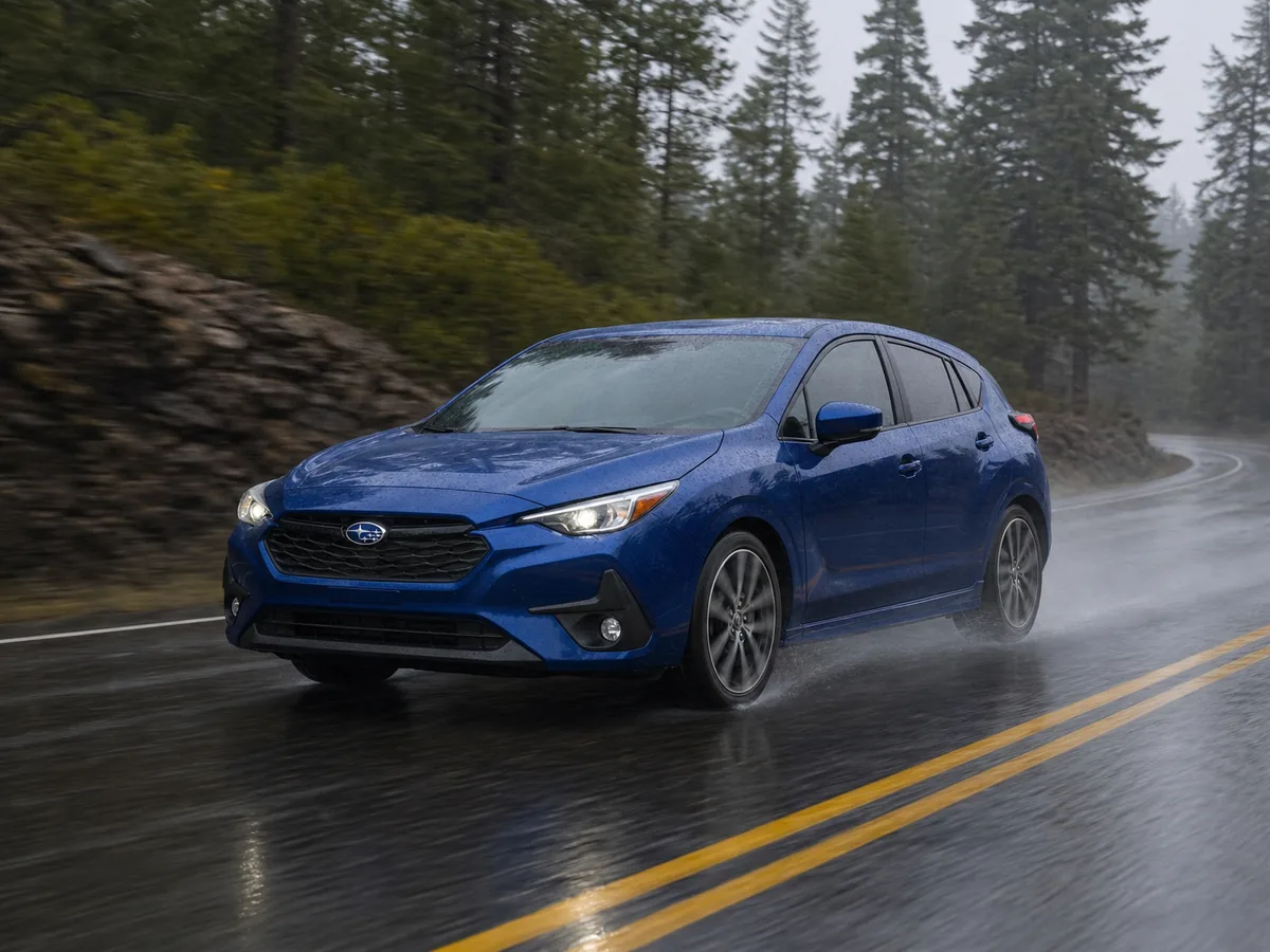 2026 Subaru Impreza hatchback on a wet mountain road - Subaru Impreza