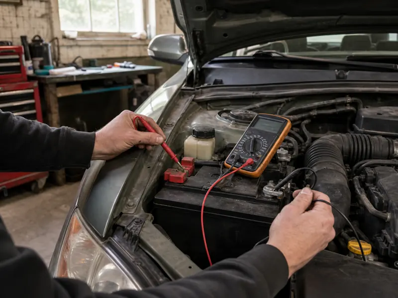 Technician measuring parasitic battery draw on a used wagon - Subaru Outback