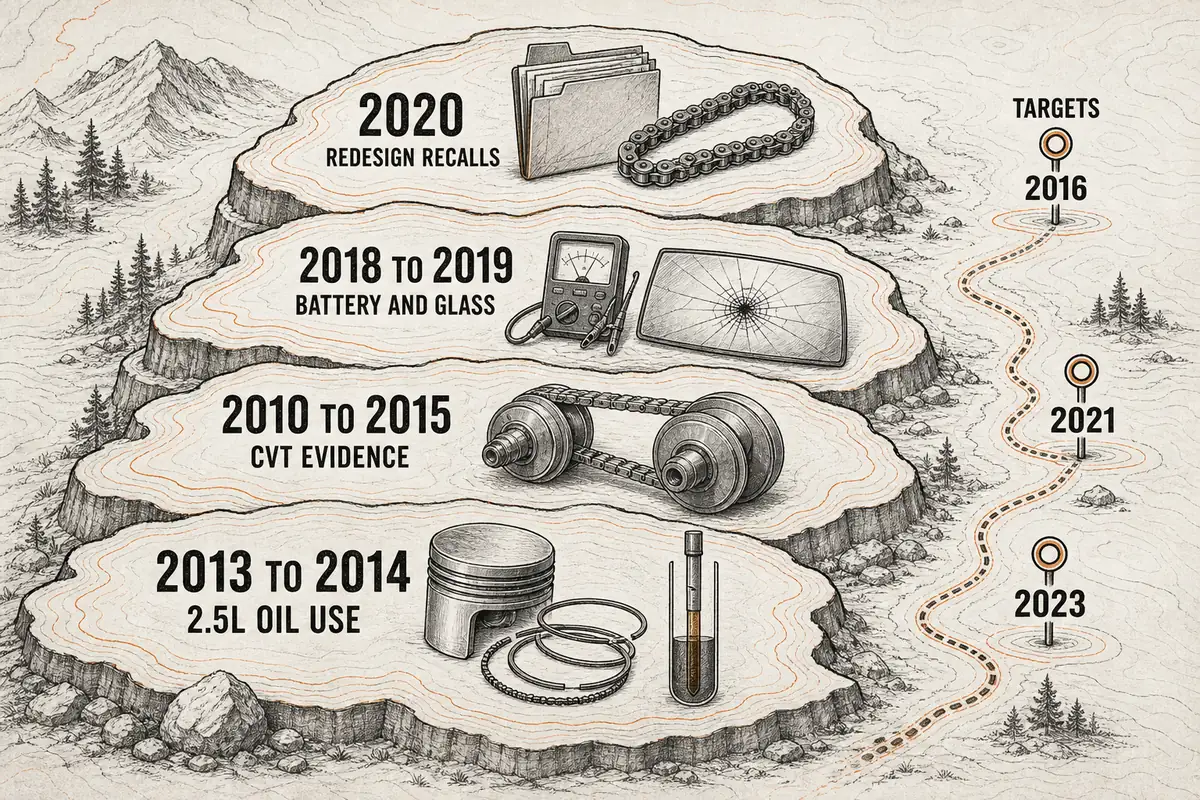 Layered diagram mapping Subaru Outback year groups to oil, CVT, battery, glass, and recall checks - Subaru Outback