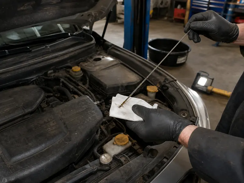 Technician checking oil level during a used wagon inspection - Subaru Outback