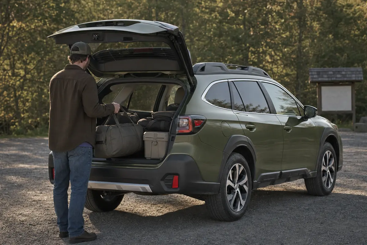 Subaru Outback with its hatch open while travel gear is loaded at a trailhead