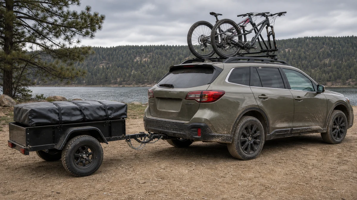 Subaru Outback with small trailer and bikes