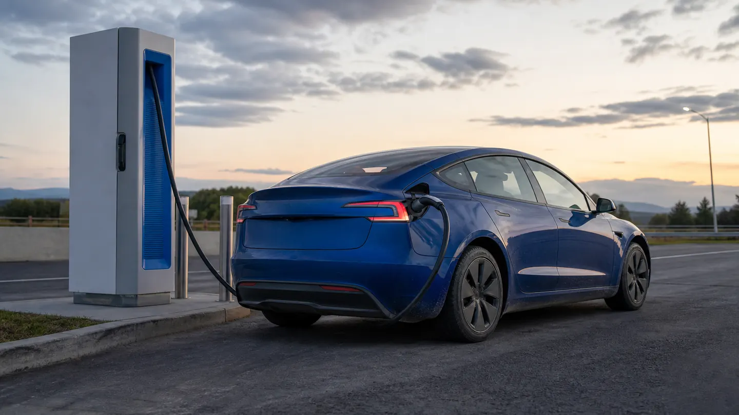 Tesla Model 3 connected to a public fast charger near dusk