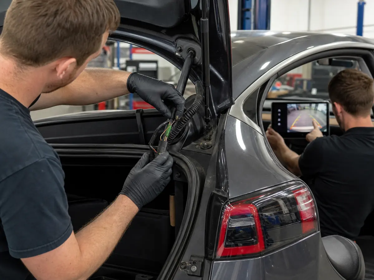 Technician inspecting an electric sedan trunk hinge camera harness while testing the rear display - Tesla Model 3