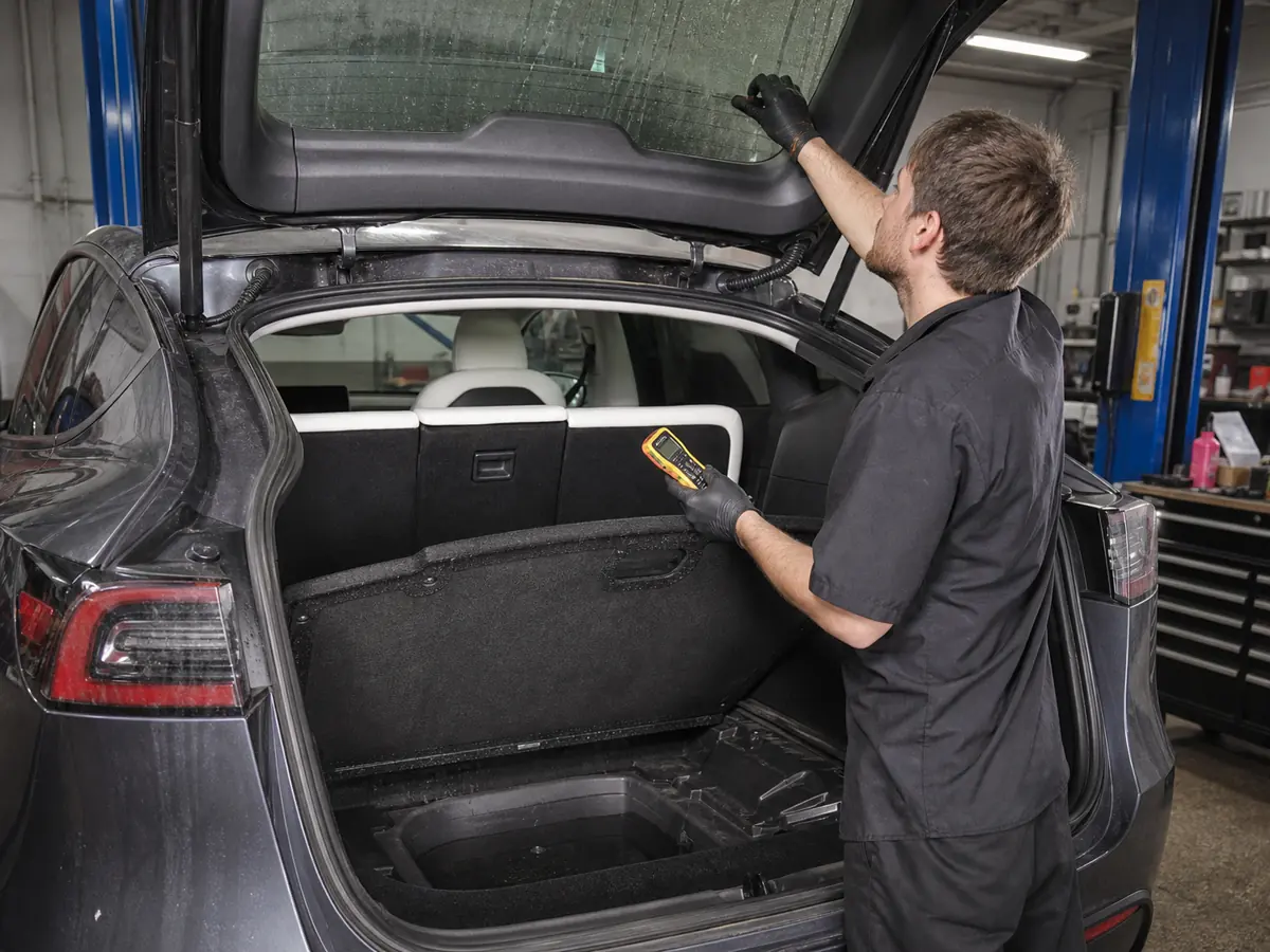 Technician checking electric crossover hatch seals, cargo well, rear glass, and repair seams - Tesla Model Y