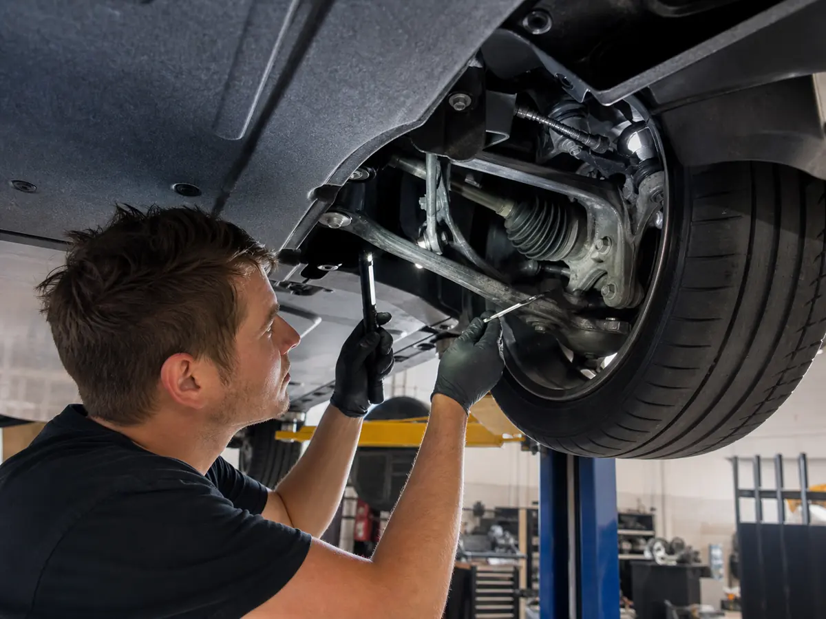 Technician inspecting electric crossover suspension knuckles, fasteners, alignment, and inner tire wear - Tesla Model Y